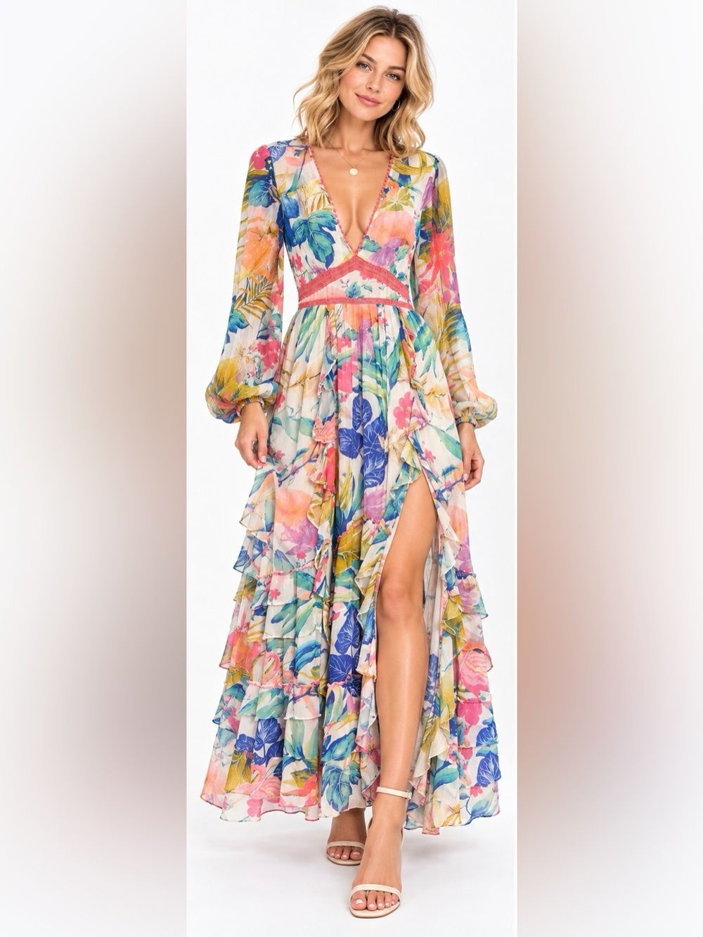 Rococo Sand Zazu Maxi Dress Motley Tropical Floral Ruffle Boho S NWOT